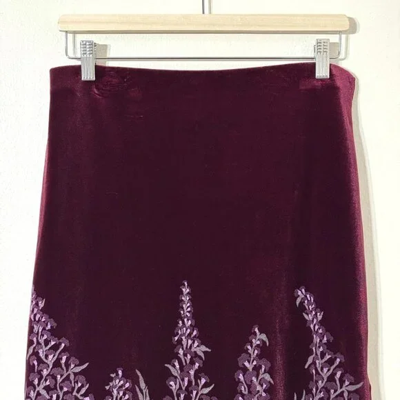 Vtg Y2K Velvet Floral Pencil Skirt Stretch Burgundy Witchy Whimsigoth - Picture 4 of 13